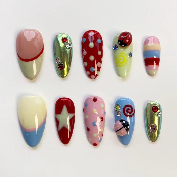 Colorful Birthday Press On Nail Set with Polka Dots, Stripes, and Ladybug Details