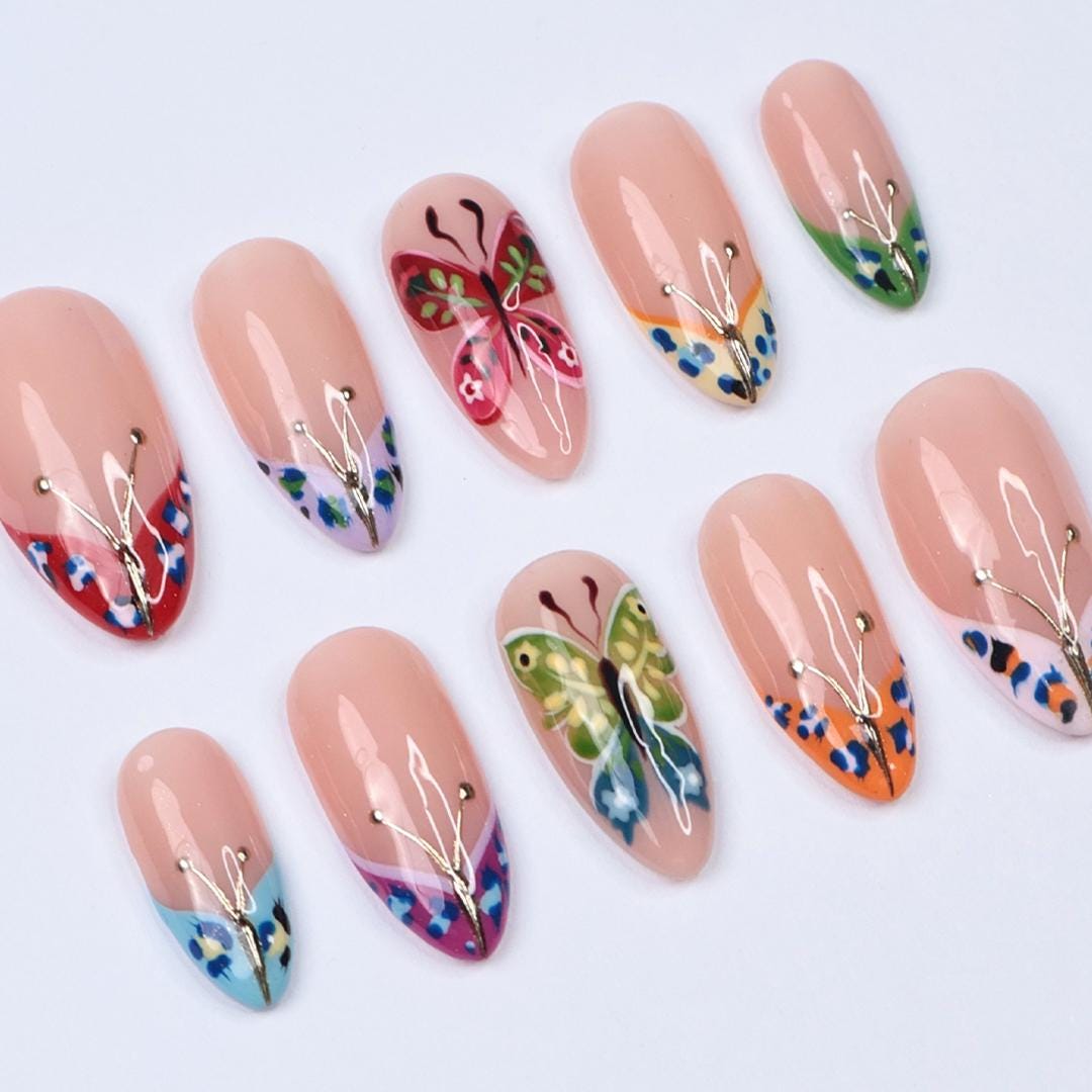 Colorful Butterfly Wing Tip Nail Set With Gold Accents