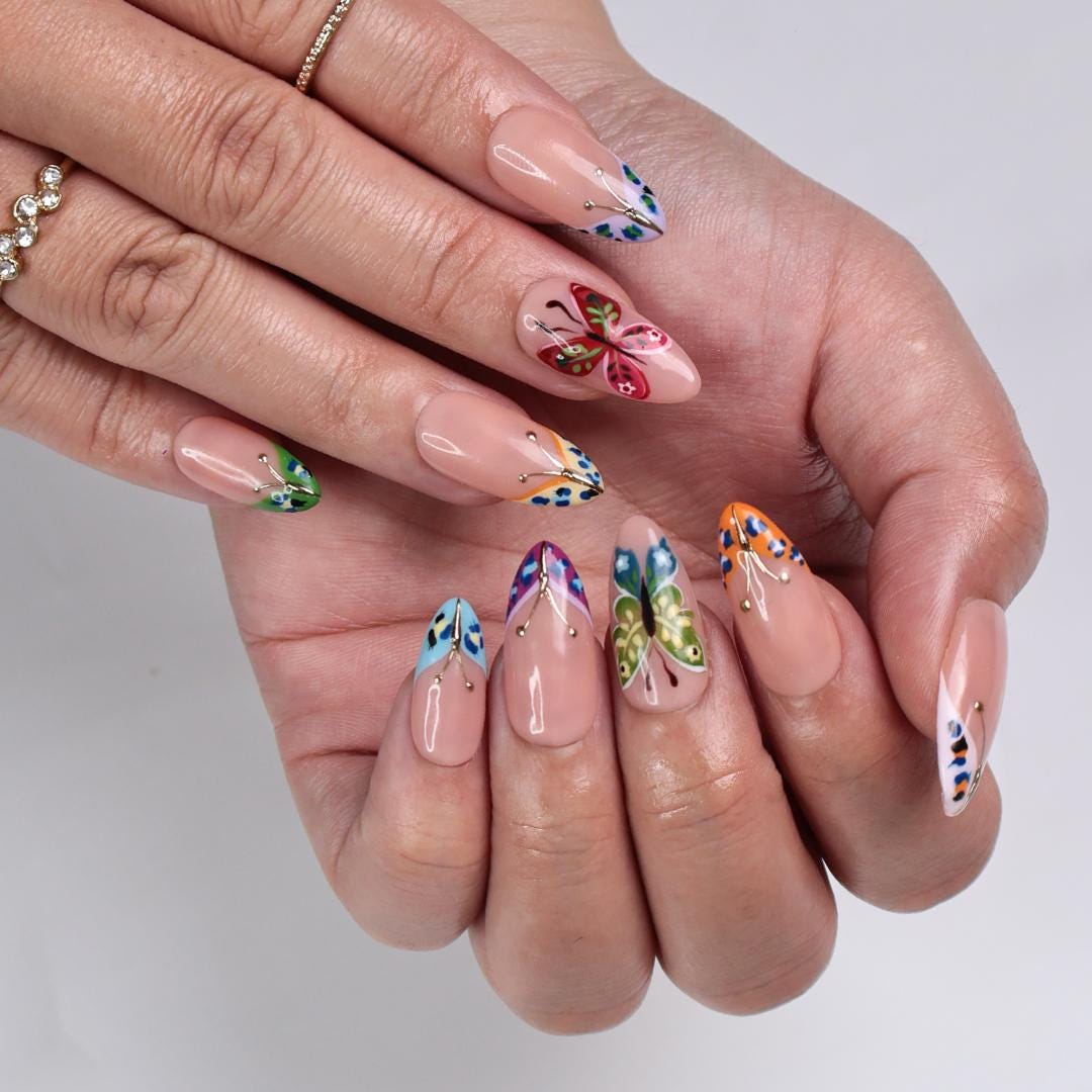 Colorful Butterfly Wing Tip Nail Set With Gold Accents