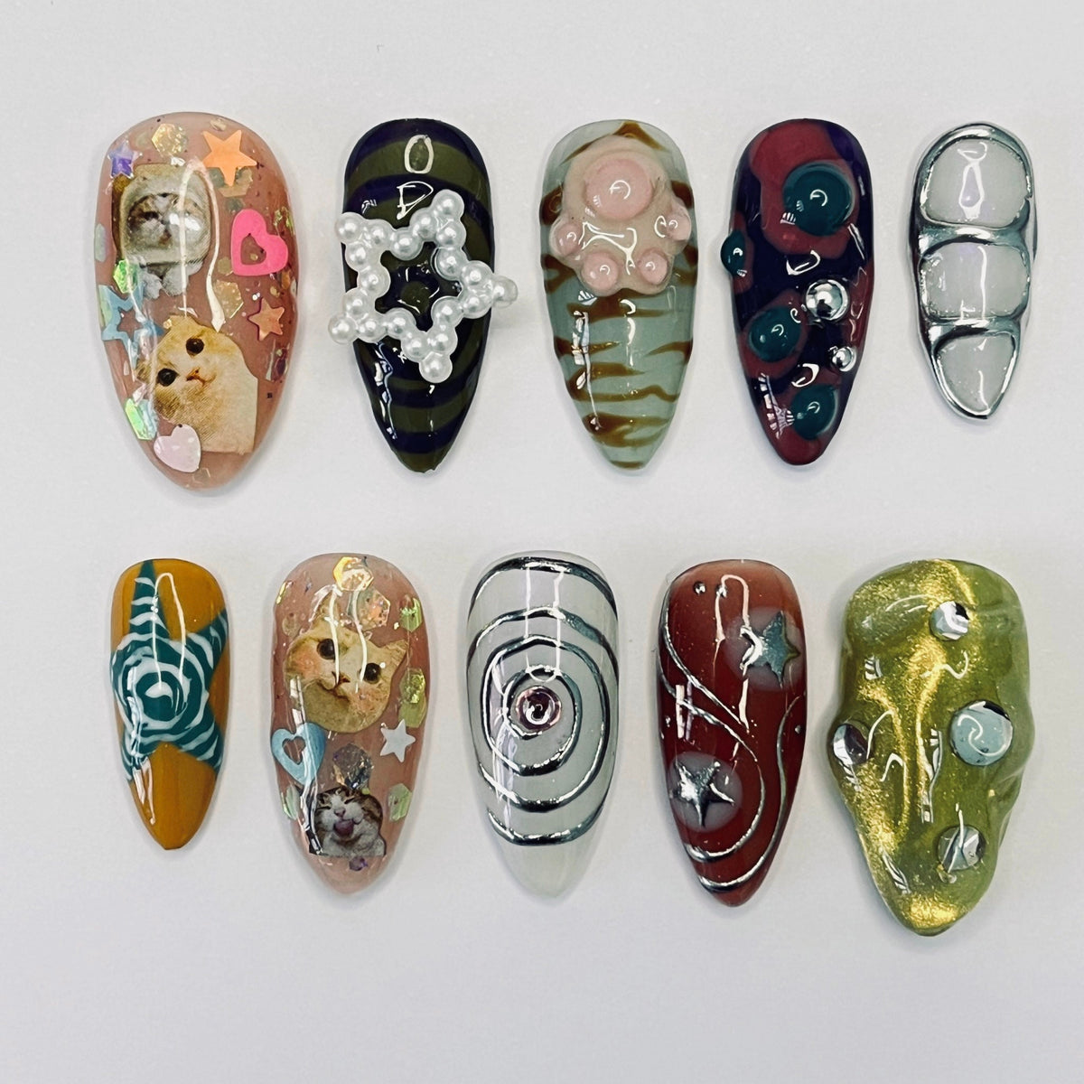 Colorful Cat Nail Set With Silver Chrome, Raised Paw Pads and Metallic Details