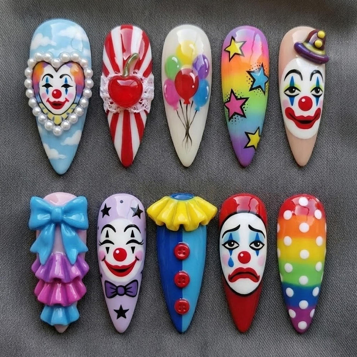 Colorful Clown and Circus Press-On Nails With Balloons, Stars, and 3D Details