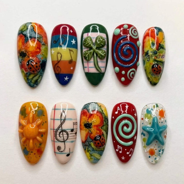 Colorful Doodle Press On Nail Set with Ladybugs, Shamrock, Sun, Starfish and Music Notes