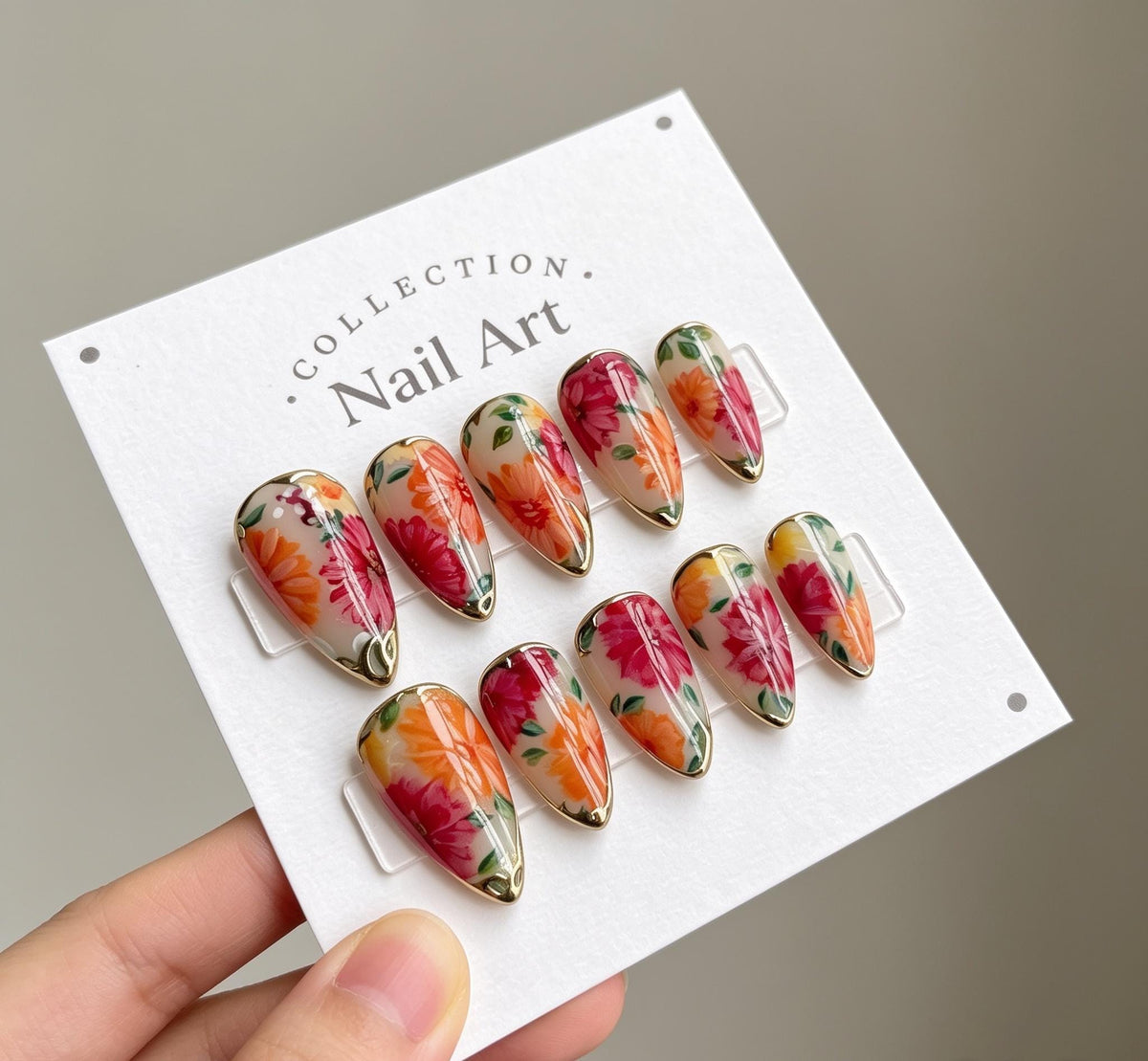 Colorful Floral Press On Nails with Metallic Gold Borders