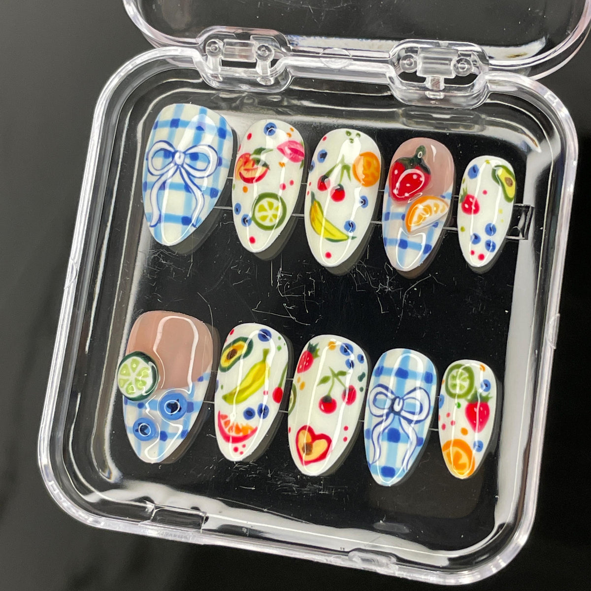 Colorful Fruit and Blue Gingham Bow Nail Set