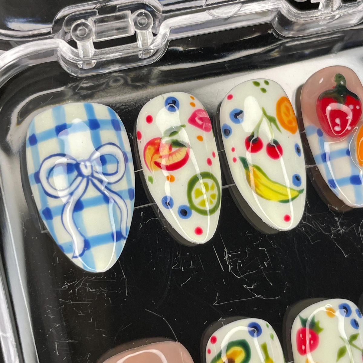 Colorful Fruit and Blue Gingham Bow Nail Set