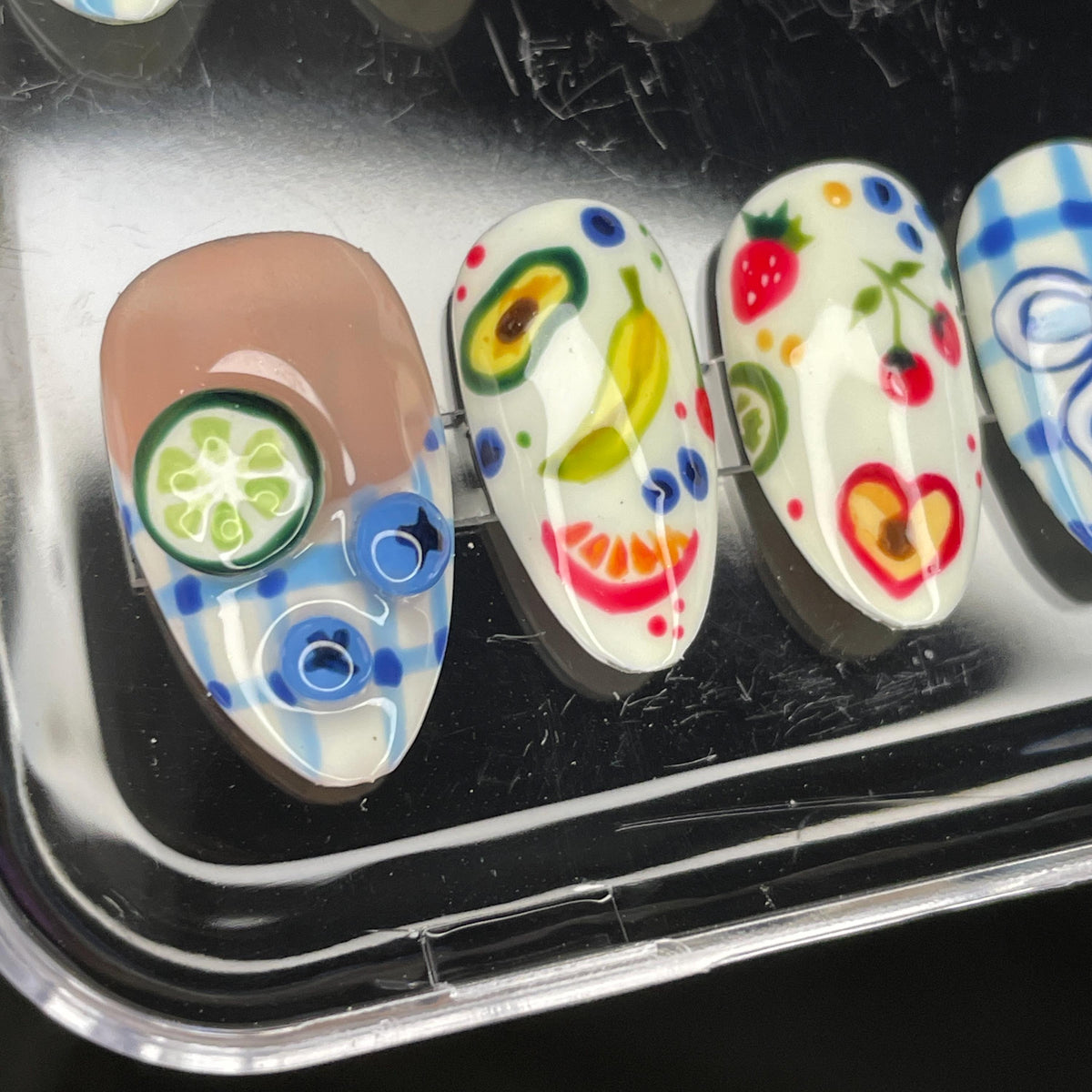 Colorful Fruit and Blue Gingham Bow Nail Set