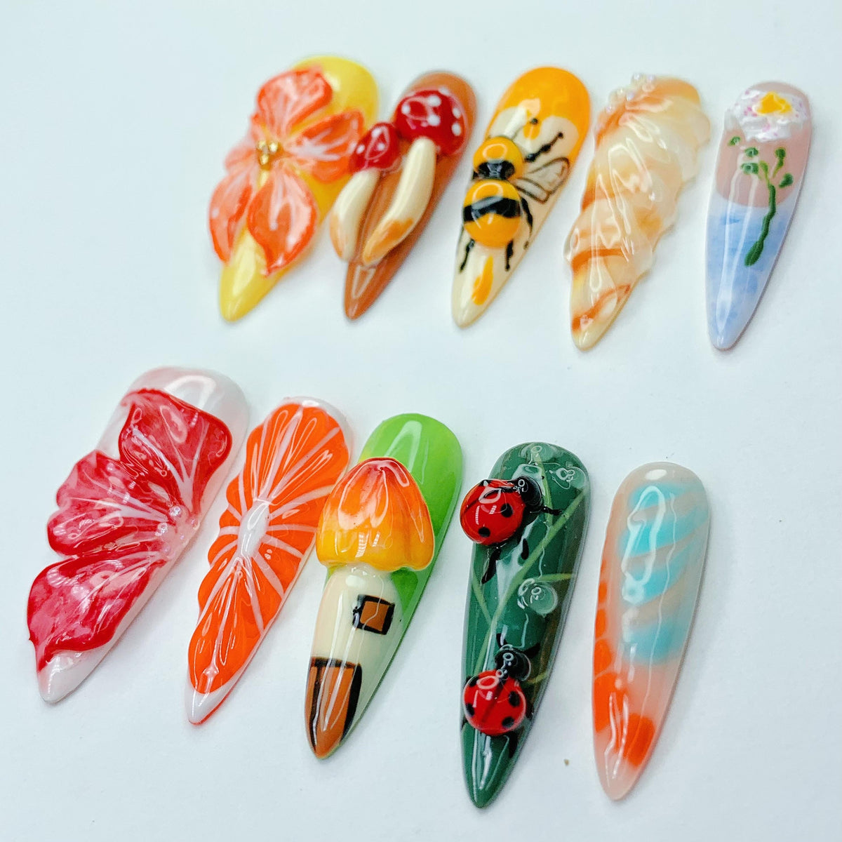 Colorful Garden Nails With 3D Flowers, Mushrooms, Bees and Ladybugs