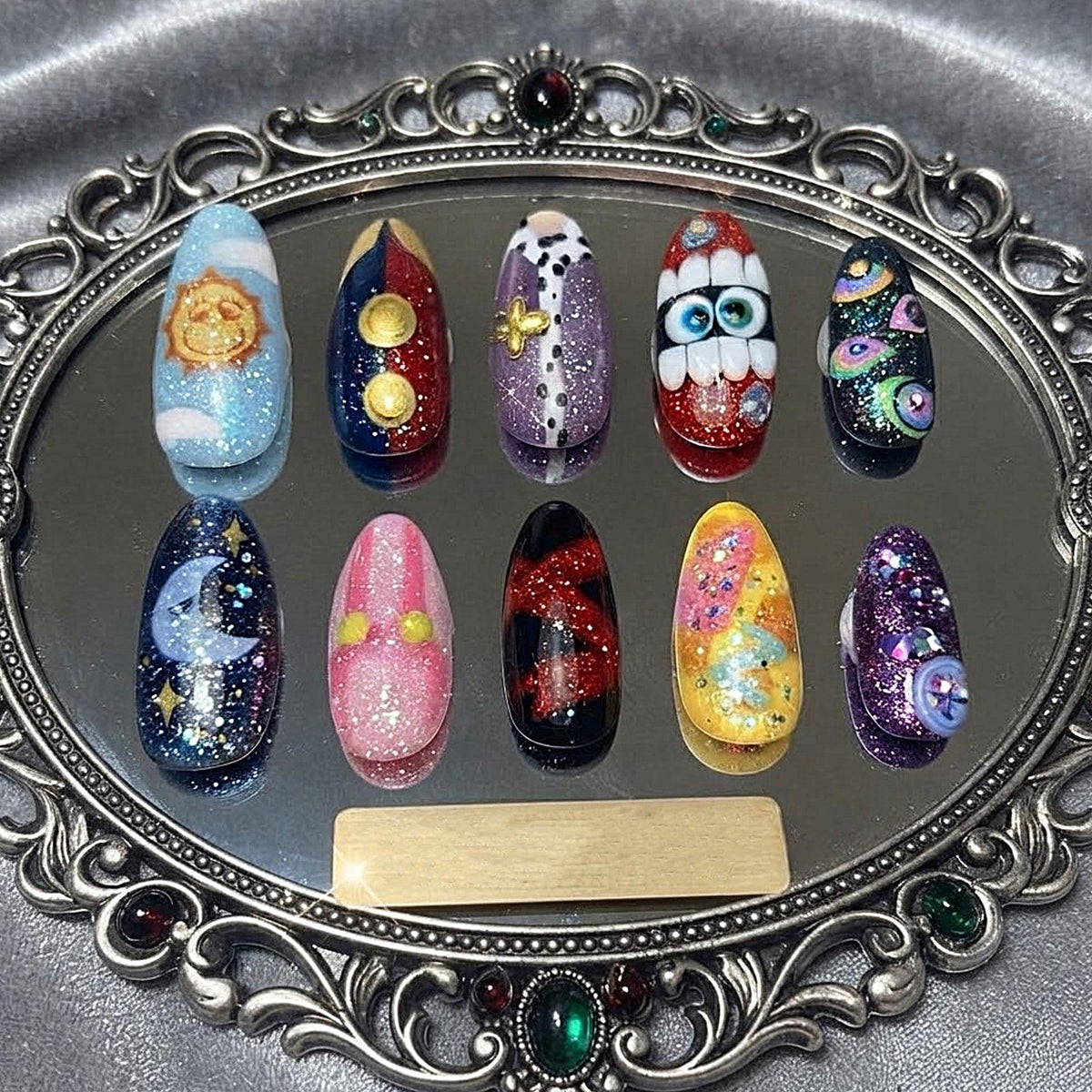 Colorful Glitter Galaxy Press On Nails With Planets, Moon and Cartoon Eyes