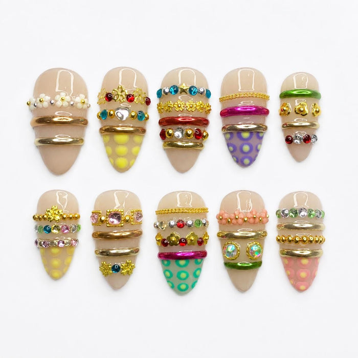 Pastel Polka Dot Birthday Press On Nails with Gold Bands, Pearls and Rhinestone Accents