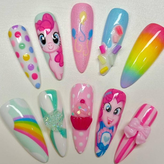 Colorful Pony Rainbow Gradient Press-On Nail Set With Bows and Cupcake Details
