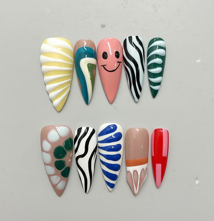 Colorful Pop Art Press On Nail Set with Zebra Waves, Swirls, Flower and Smiley Face