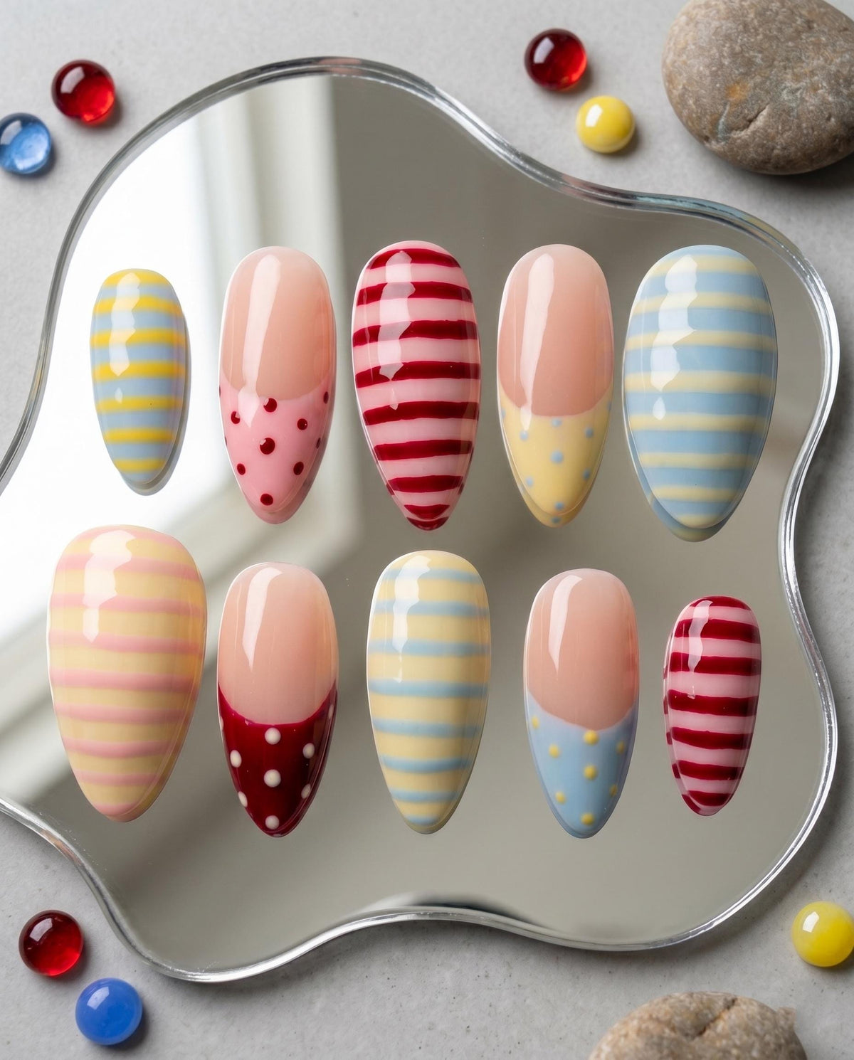 Colorful Retro Striped and Polka Dot Press On Nail Set