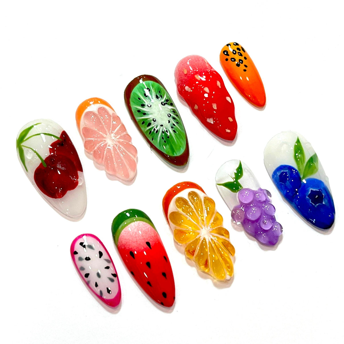Colorful Summer Holiday Fruit Press-On Nails With Glossy Raised Details