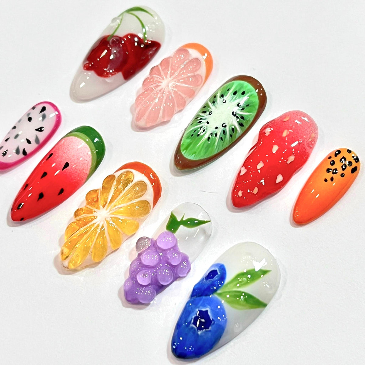 Colorful Summer Holiday Fruit Press-On Nails With Glossy Raised Details