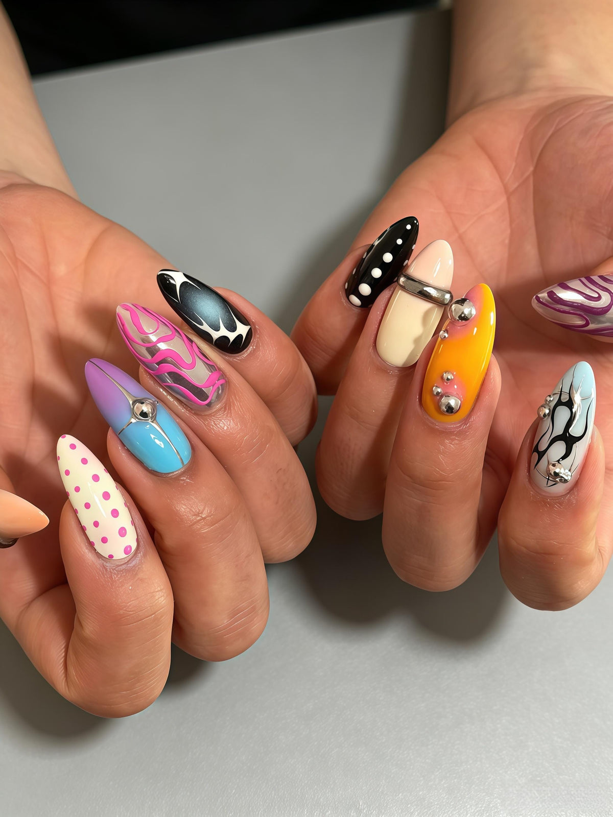 Colorful Y2K Abstract Swirl and Polka Dot Chrome Nail Set