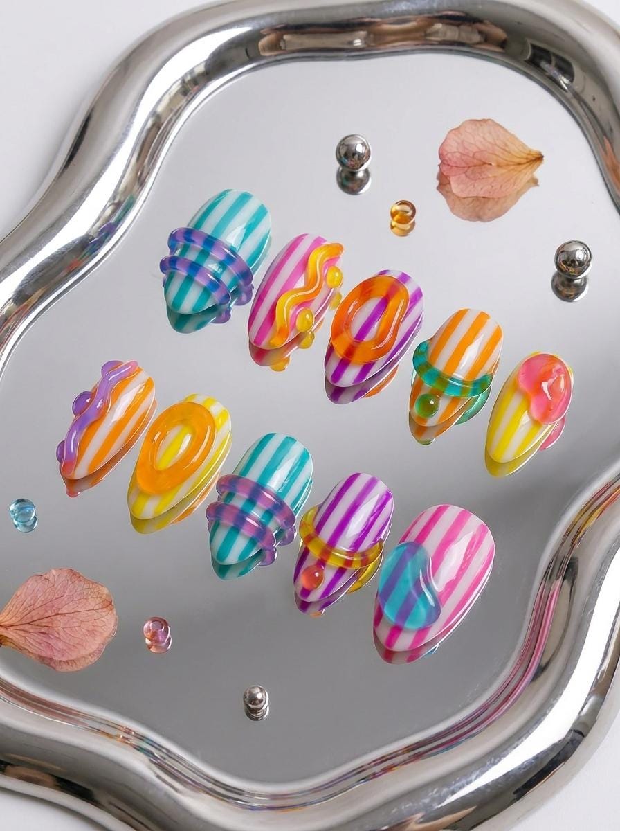 Colorful Y2K Summer Jelly Stripe Press On Nails With Raised Wavy Details