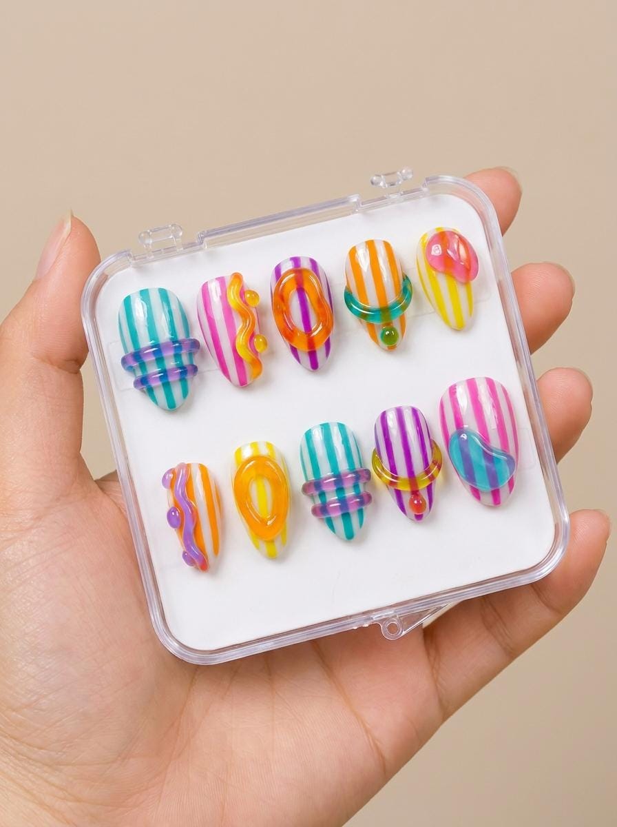 Colorful Y2K Summer Jelly Stripe Press On Nails With Raised Wavy Details