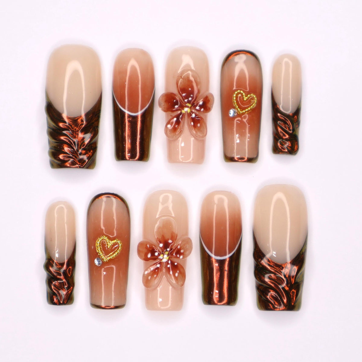 Copper Brown Floral and Heart Fall Nail Set with Metallic Swirls