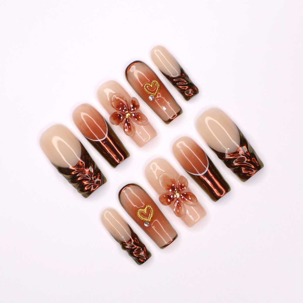Copper Brown Floral and Heart Fall Nail Set with Metallic Swirls