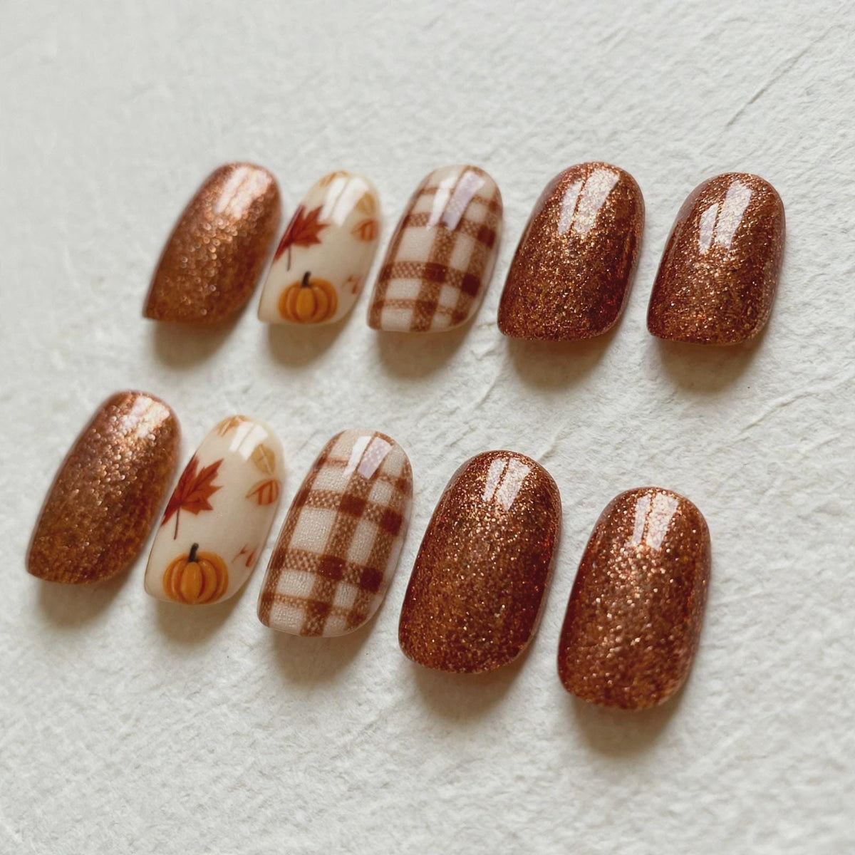Copper-Brown Glitter Fall Nails With Maple Leaves, Pumpkins & Plaid