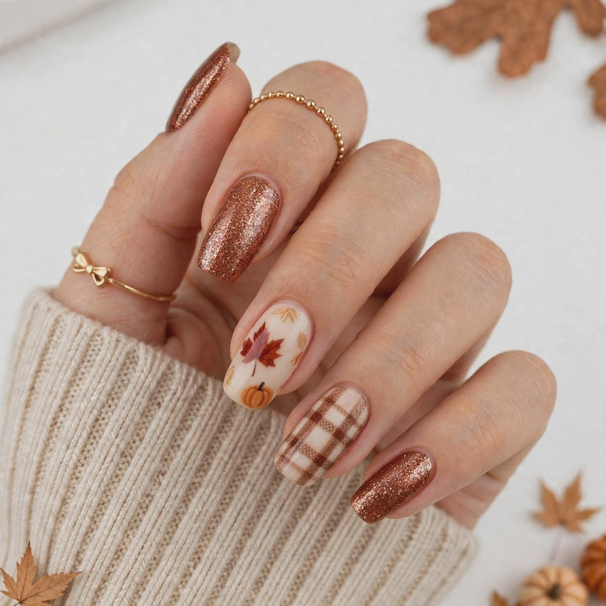 Copper-Brown Glitter Fall Nails With Maple Leaves, Pumpkins & Plaid