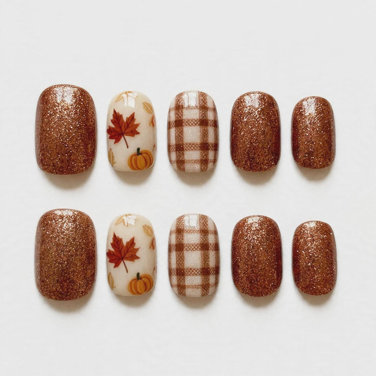 Copper-Brown Glitter Fall Nails With Maple Leaves, Pumpkins & Plaid