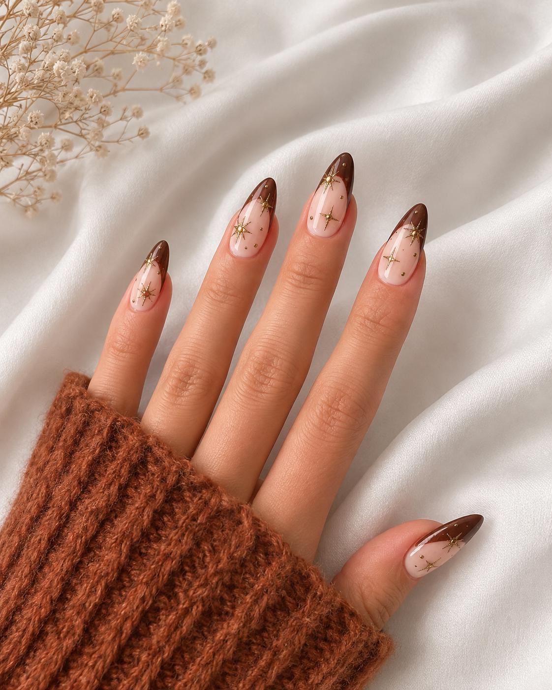 Copper Brown Glitter French Tip Nails With Gold Starbursts