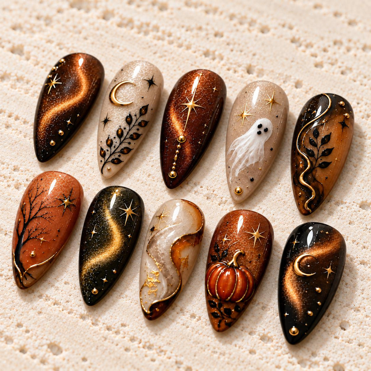 Copper Cat Eye Halloween Nail Set With Ghost, Pumpkin, Moons, and Stars