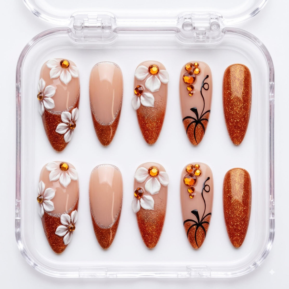 Copper Glitter Fall Nails With 3D White Flowers and Pumpkin Vine Art