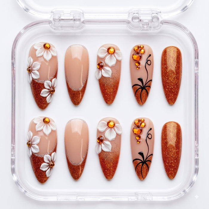 Copper Glitter Fall Press On Nails With 3D White Flowers and Pumpkin Vine Art