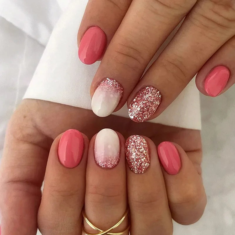 Coral Pink Glitter Fade Press On Nails