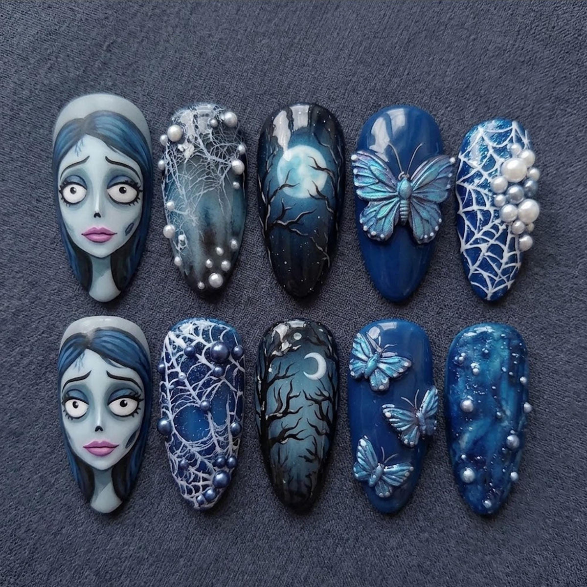 Corpse Bride-Inspired Blue Gothic Butterfly and Spiderweb Press-On Nails with Pearls