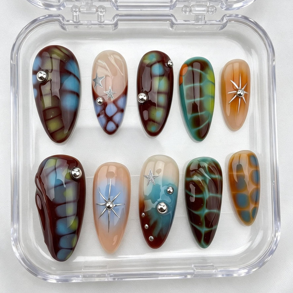 Cosmic Tortoiseshell Press-On Nails With Silver Starburst Accents