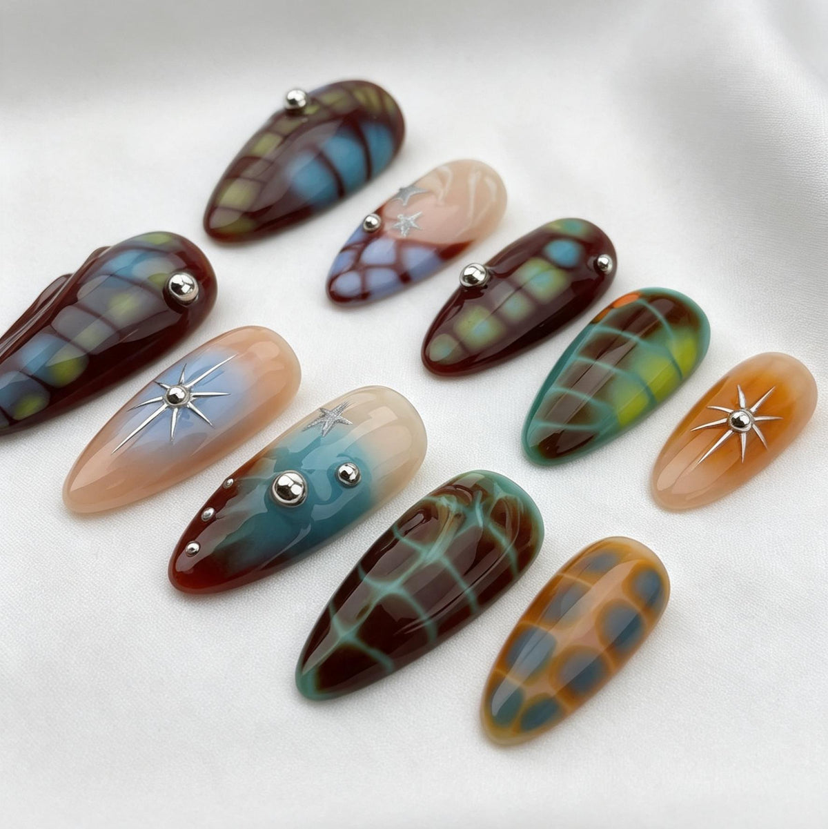 Cosmic Tortoiseshell Press-On Nails With Silver Starburst Accents