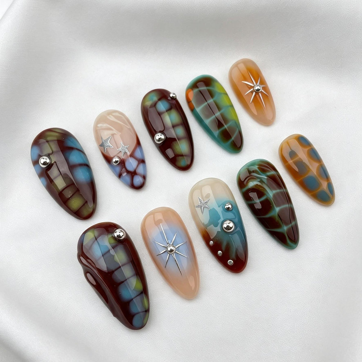 Cosmic Tortoiseshell Press-On Nails With Silver Starburst Accents