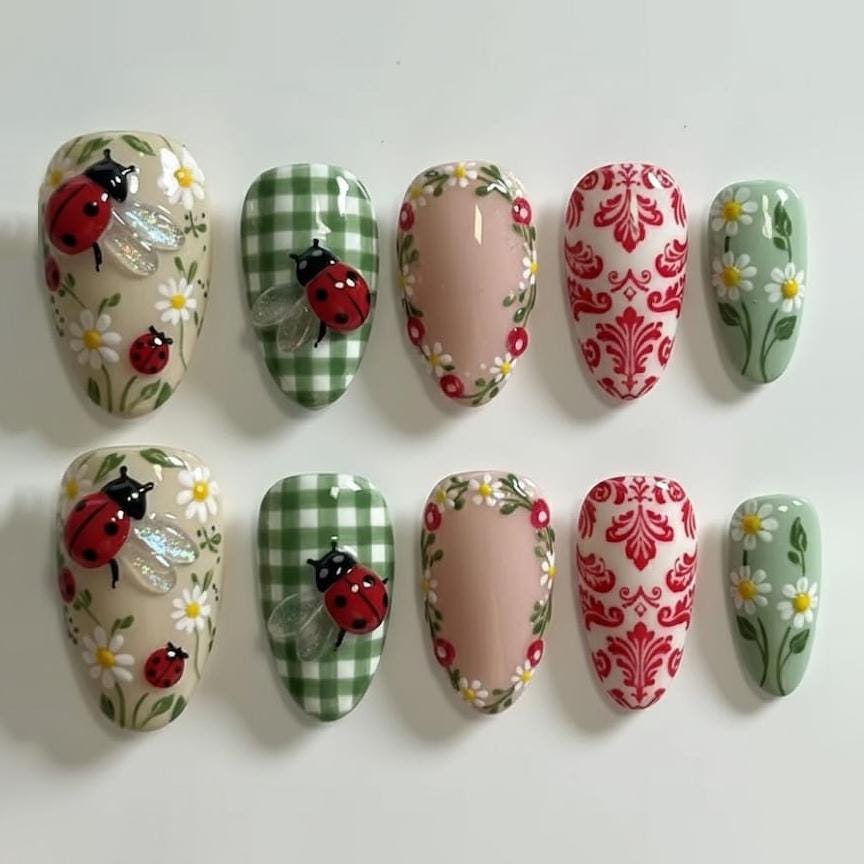 Cottage Garden Ladybug Press-On Nails with Gingham, Daisies, and Floral Details