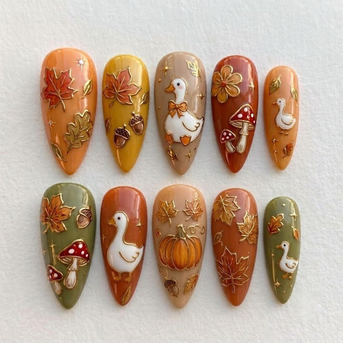 Cottagecore Goose Fall Press On Nails with Pumpkins, Mushrooms and Maple Leaves