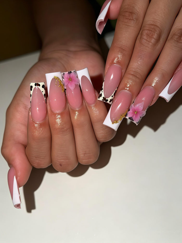Cow Print French Tip Press On Nails With Pink Flowers and Gold Details