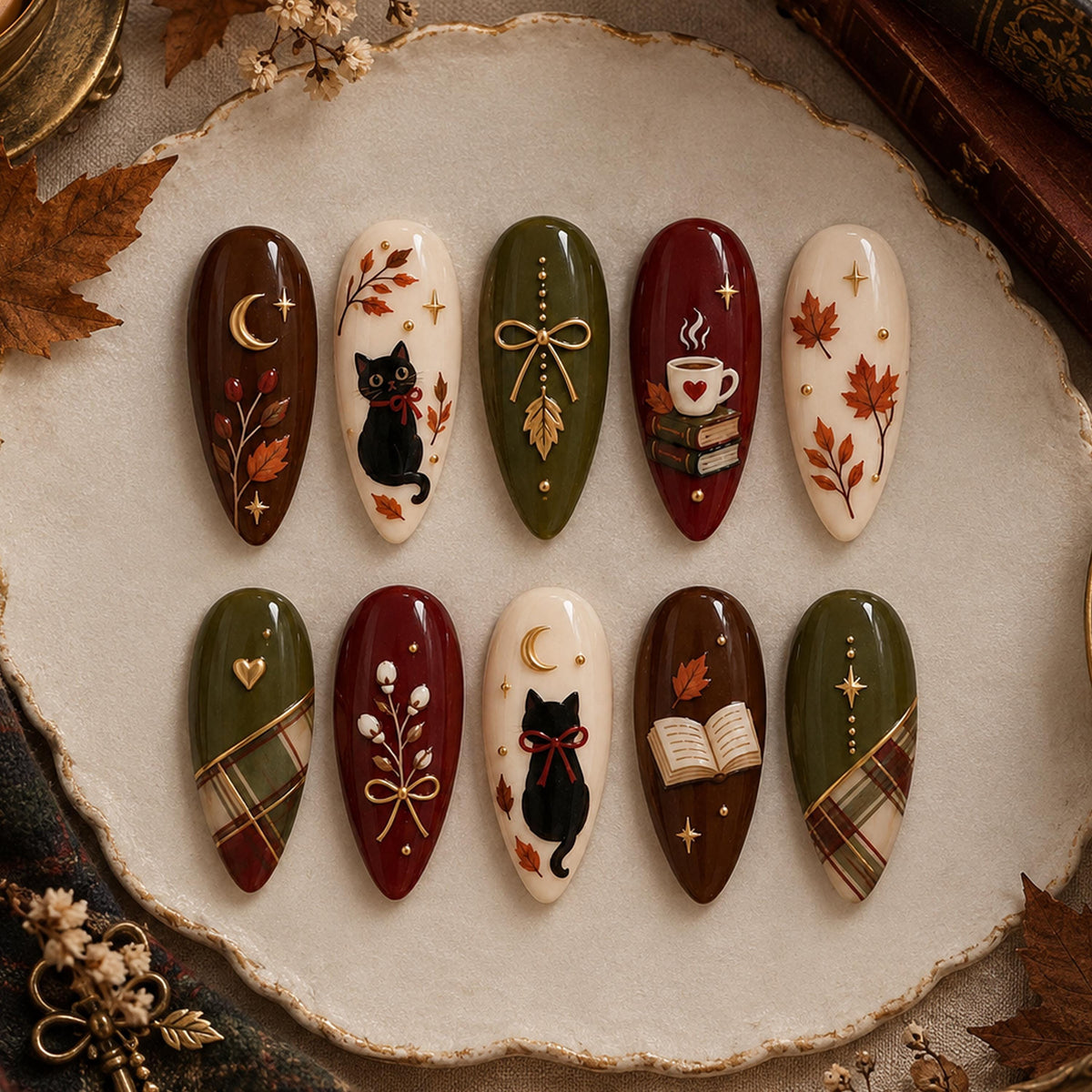 Cozy Autumn Cat and Book Press-On Nail Set in Burgundy, Brown and Olive