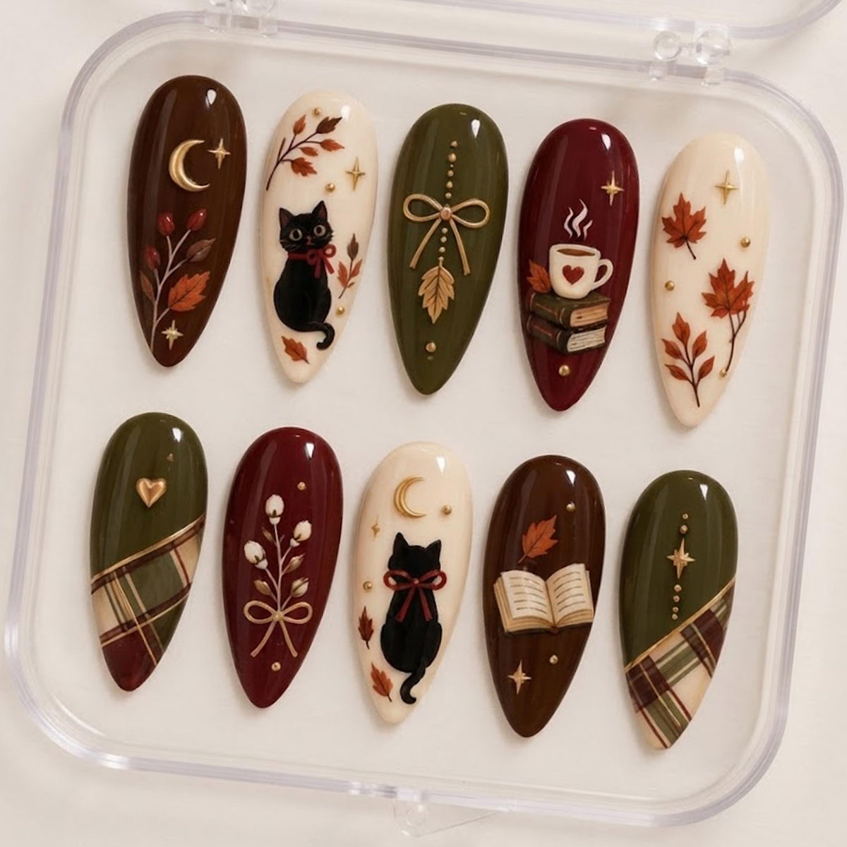Cozy Autumn Cat and Book Press-On Nail Set in Burgundy, Brown and Olive