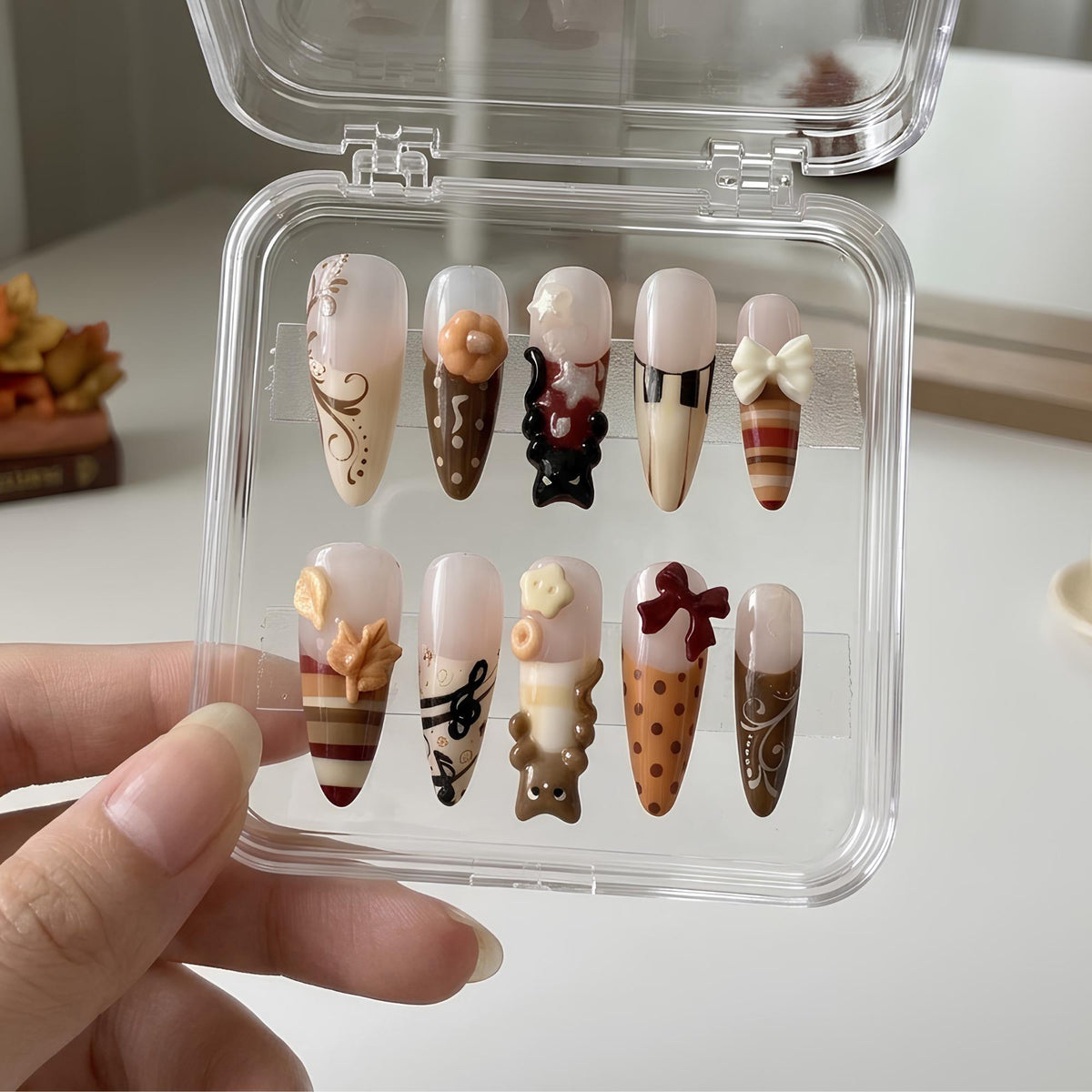 Cozy Autumn Cat Press-On Nails With 3D Bows, Leaves and Whimsical Details