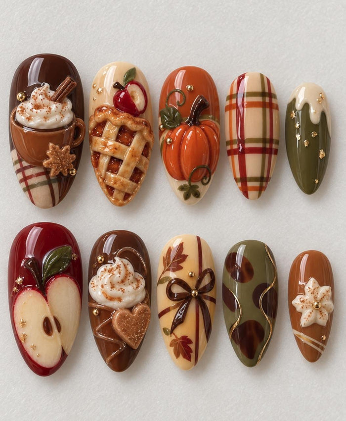 Cozy Autumn Food Press On Nail Set With Pumpkin Spice, Apple Pie, Plaid, and 3D Accents