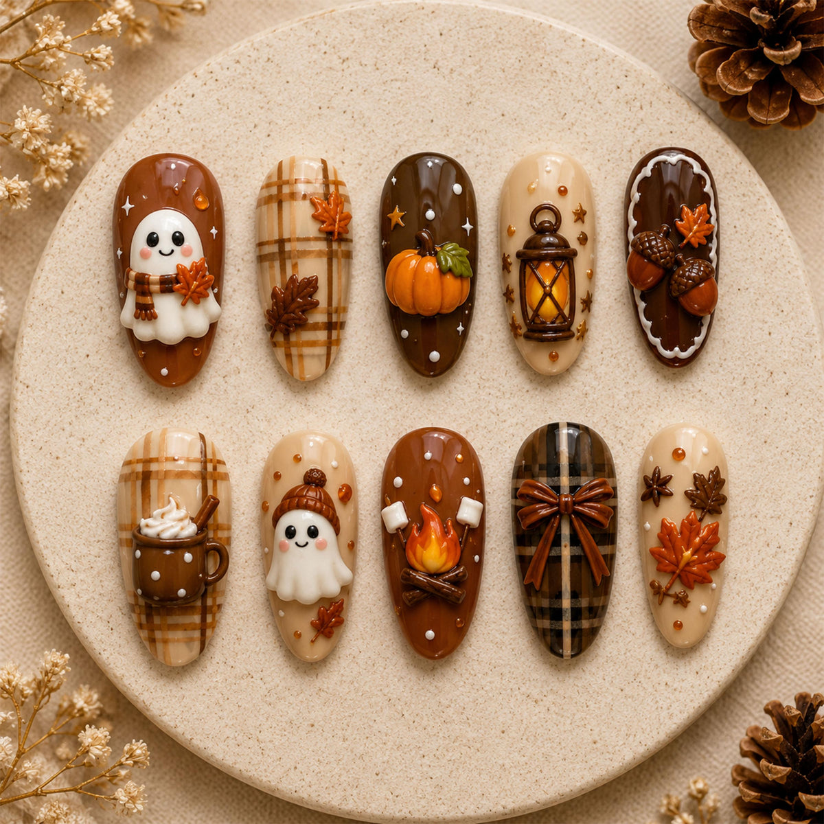 Cozy Autumn Ghost, Pumpkin, Plaid and Thanksgiving Nail Set