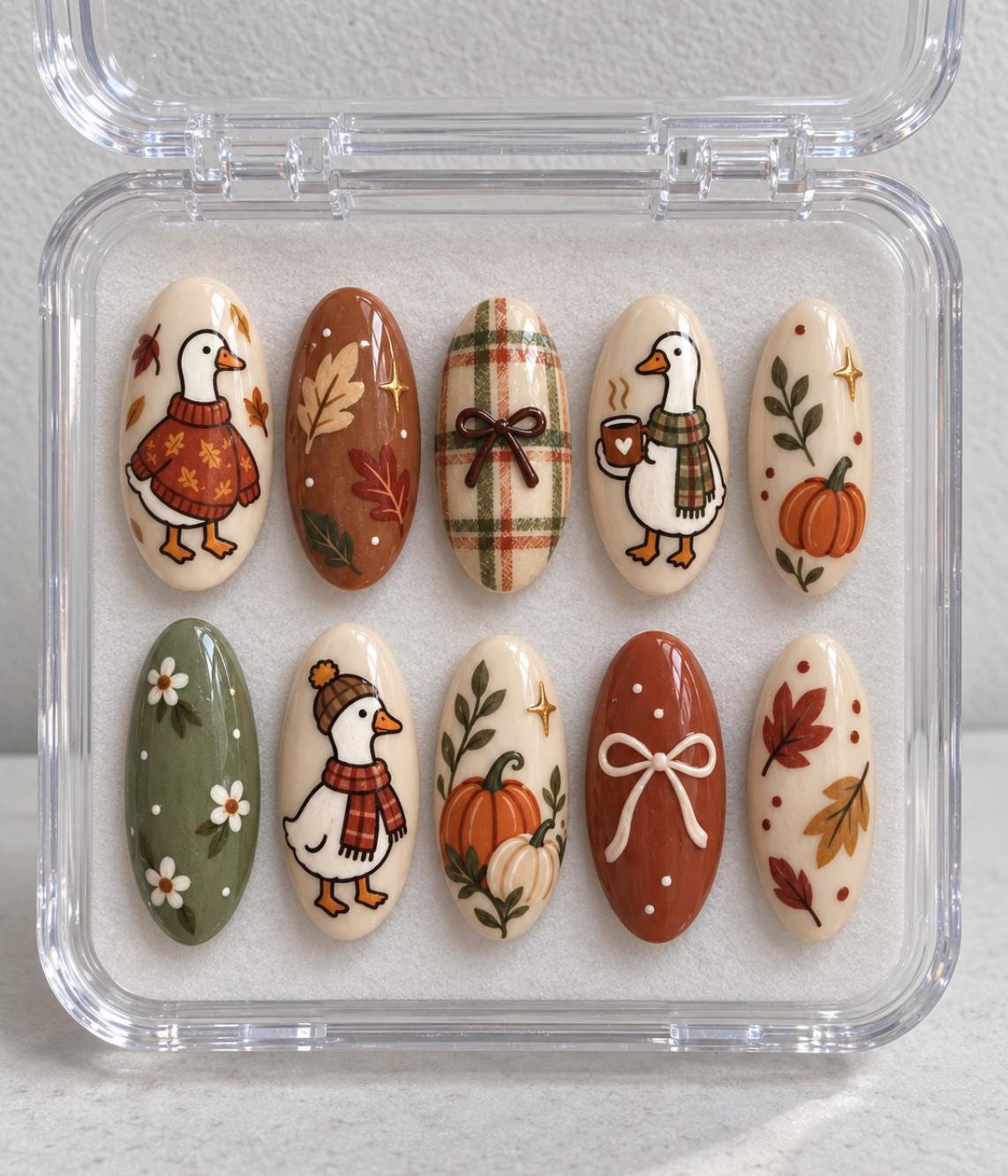Cozy Autumn Goose Press-On Nails With Pumpkins, Plaid, Leaves & Bows