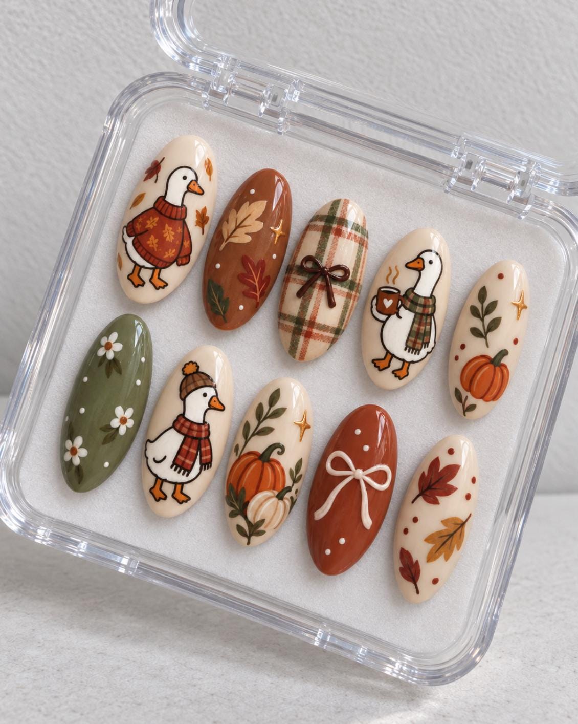 Cozy Autumn Goose Press-On Nails With Pumpkins, Plaid, Leaves & Bows