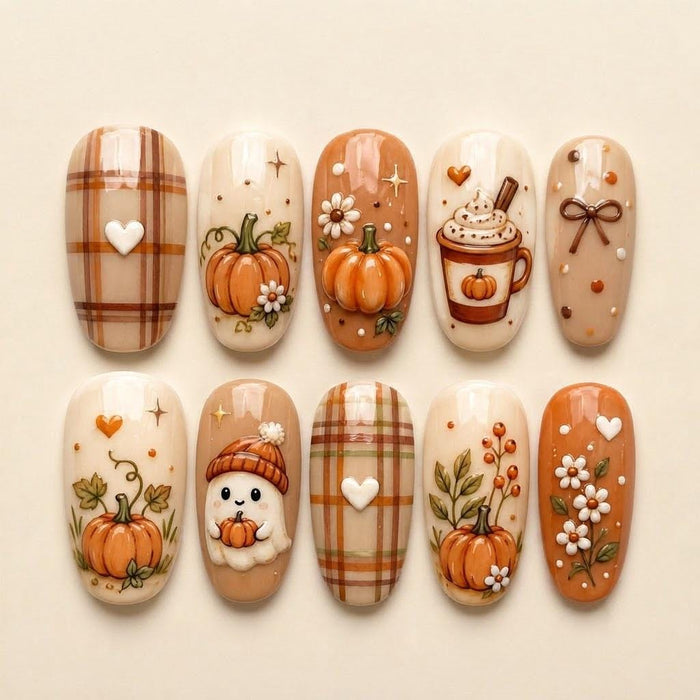 Cozy Autumn Plaid Pumpkin, Ghost & Coffee Cup Thanksgiving Press On Nail Set