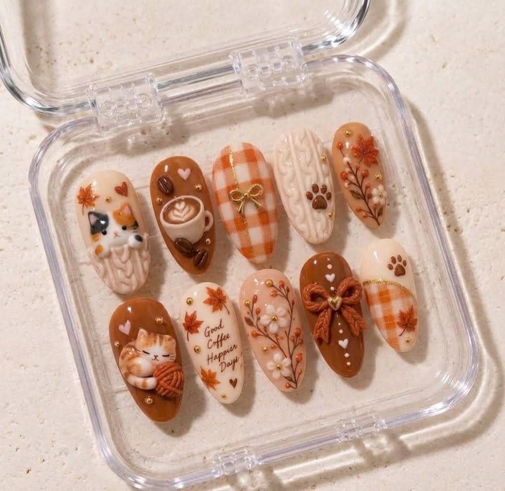 Cozy Cat and Coffee Autumn Press On Nails With Plaid and Knit Details