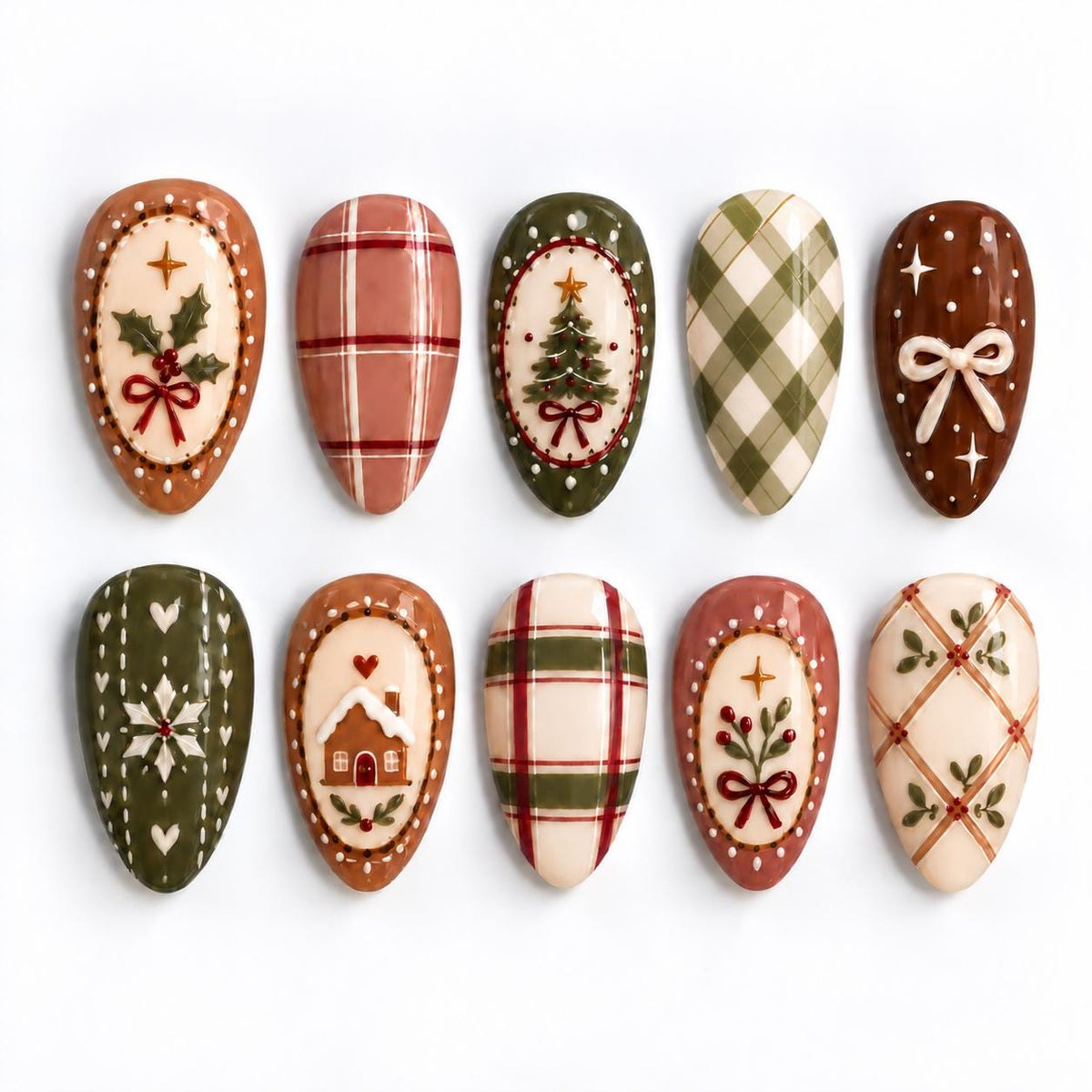 Cozy Christmas Plaid Press-On Nail Set With Gingerbread House and Holly