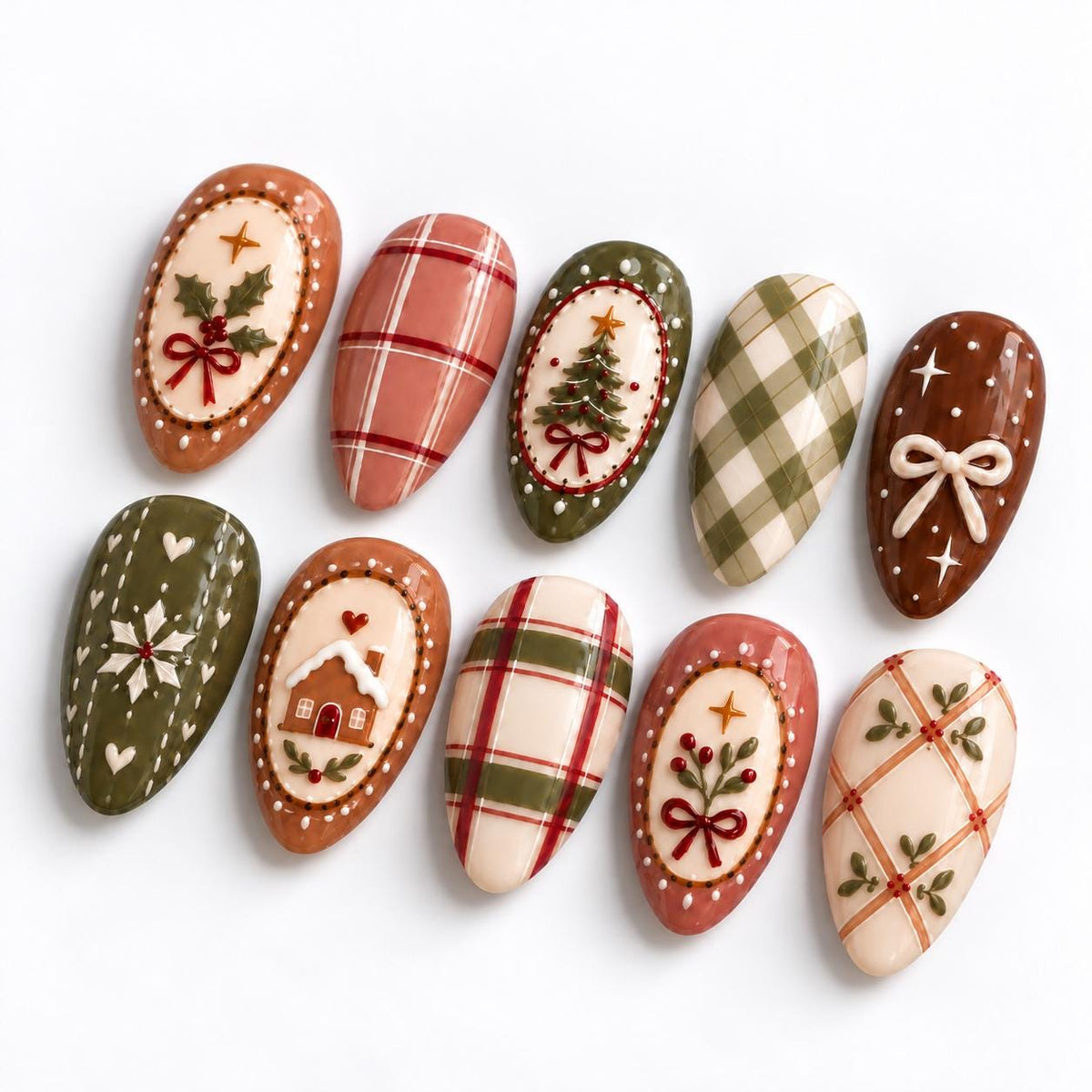 Cozy Christmas Plaid Press-On Nail Set With Gingerbread House and Holly