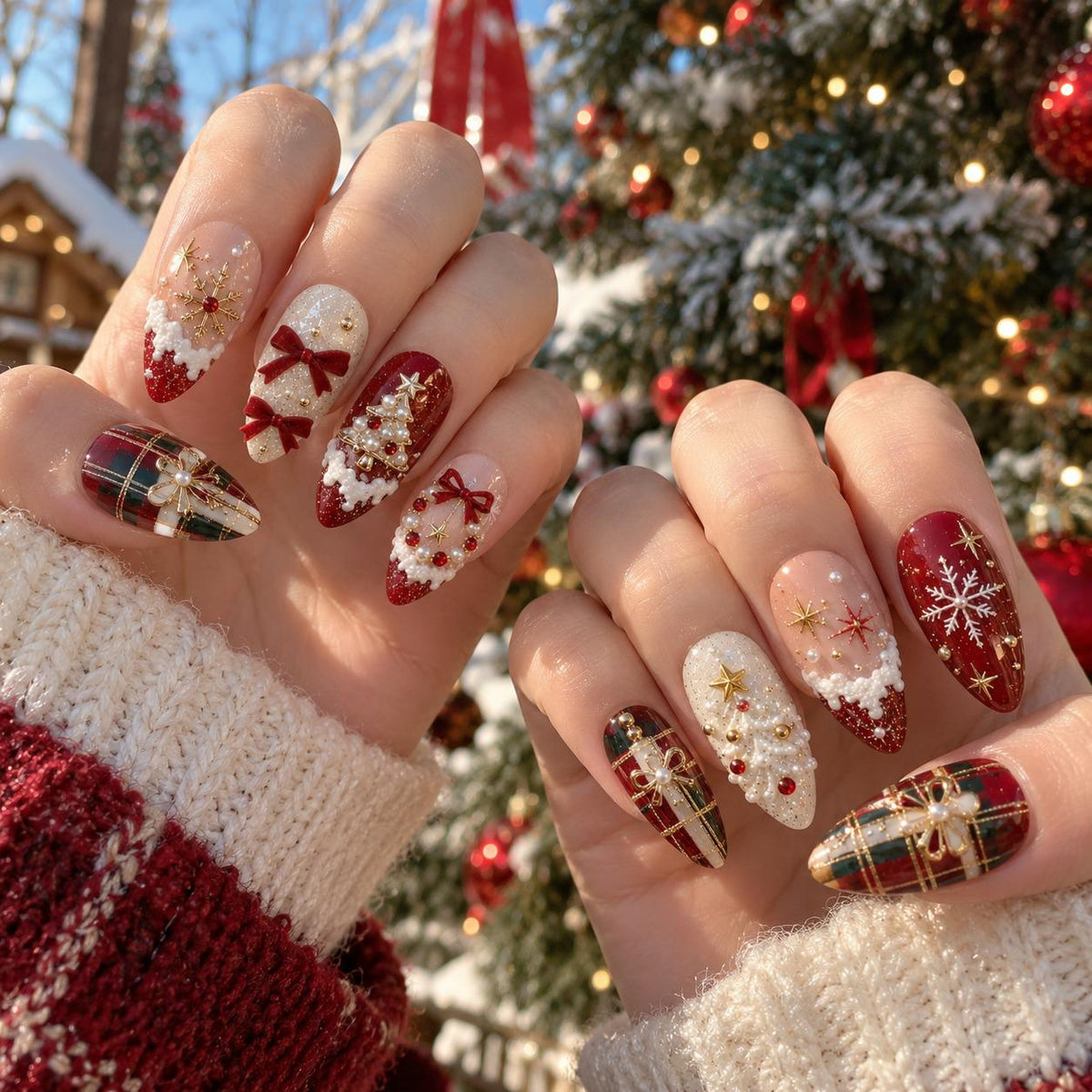 Cozy Christmas Press-On Nail Set With Gingerbread, Reindeer, Candy Cane and Plaid Designs